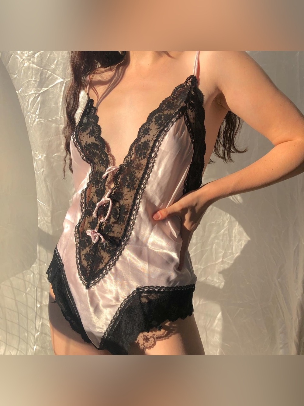 Vintage Victoria’s Secret Gold Label Teddy Pink Satin Black Lace Bow M/L